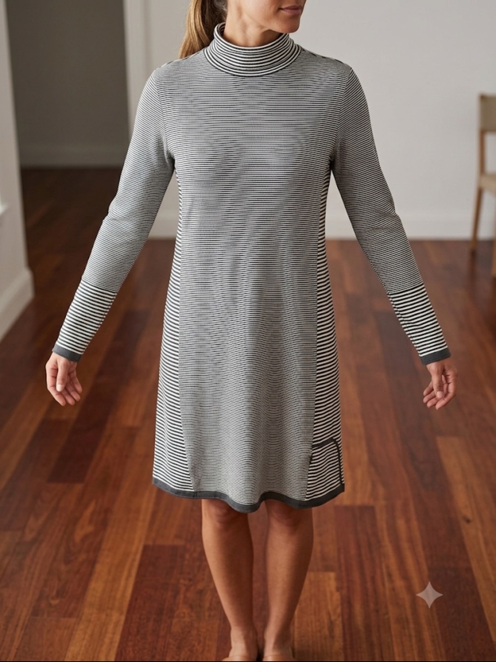 Title Nine Striped Turtleneck A-Line Dress Gray/White large NWOT cozy athletic